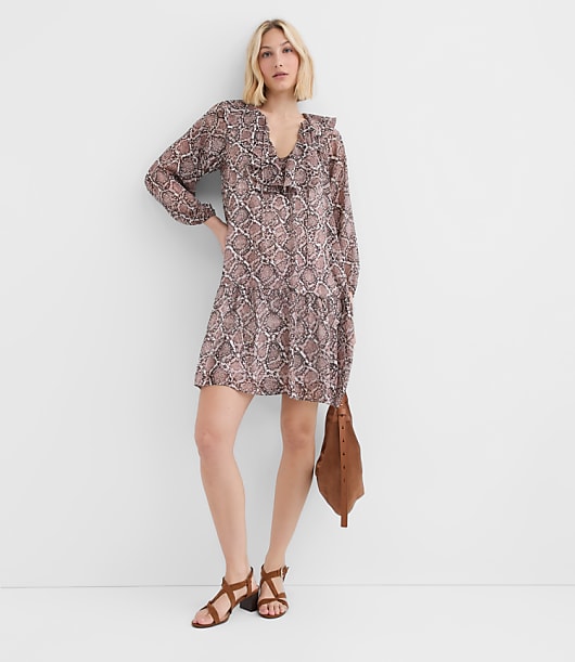 Snake Print Ruffle Tie Neck Mini Dress