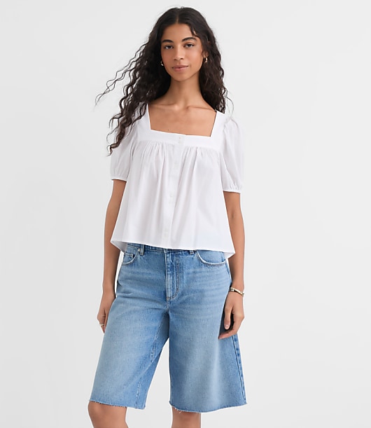 Petite Puff Sleeve Square Neck Blouse