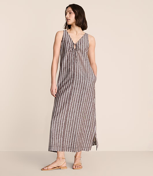 Lou & Grey Striped Linen Cotton Tie Keyhole Maxi Pocket Dress