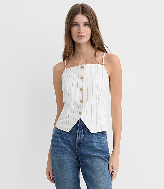 Petite Pinstripe Cotton Linen Strappy Vest Top
