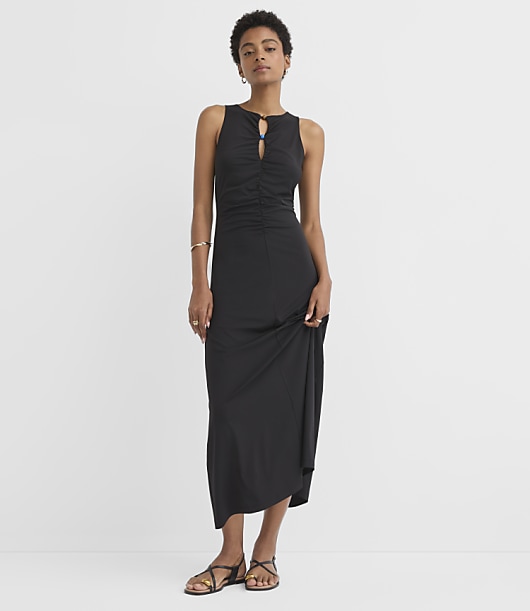 Loft Petite Beaded Keyhole Ruched Midi Dress