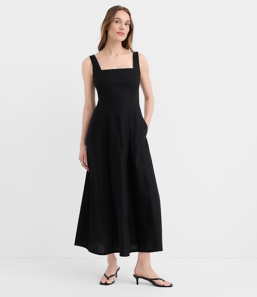 Linen Cotton Seamed Midi Pocket Dress