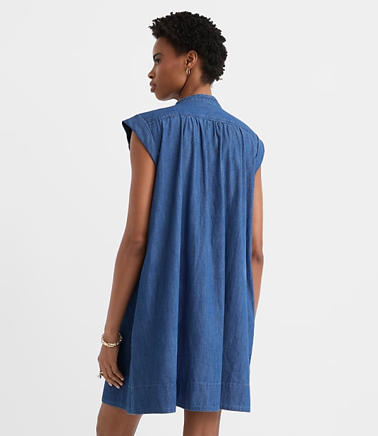 Petite Chambray Shirred Mini Pocket Dress