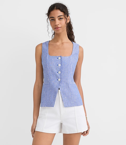 Petite Striped Linen Cotton Cutaway Pocket Vest