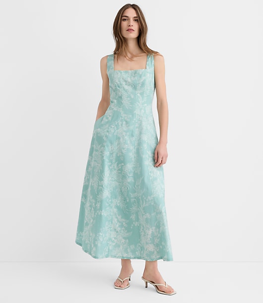 Petite Floral Toile Linen Cotton Seamed Midi Pocket Dress