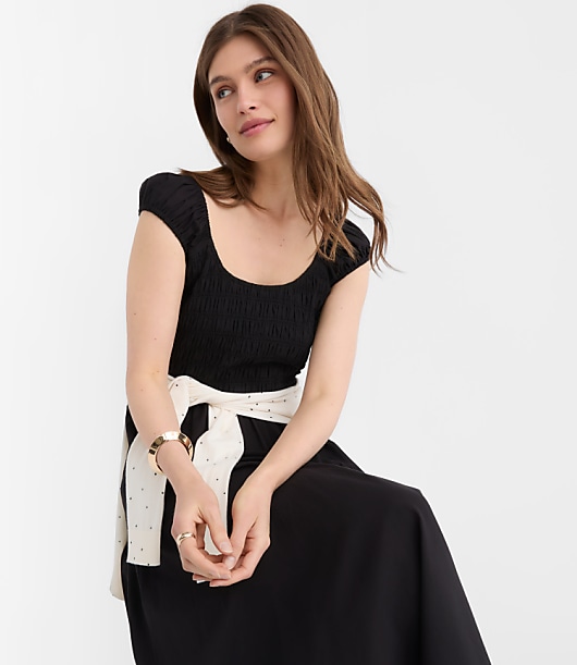 Petite Smocked Cap Sleeve Midi Pocket Dress