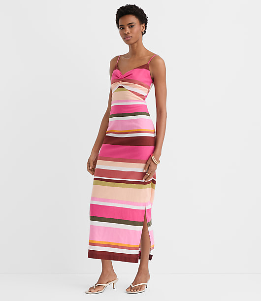Petite Striped Linen Cotton Strappy Midi Dress