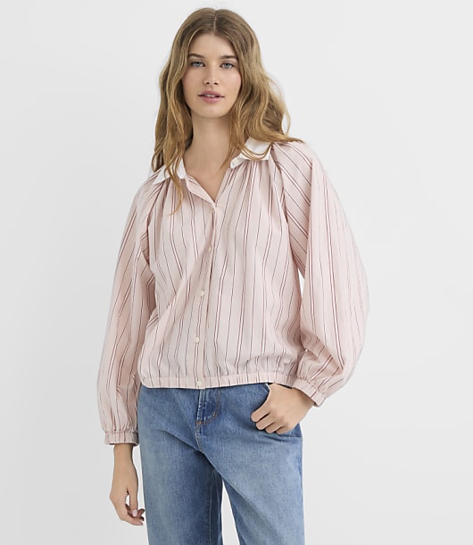 Petite Striped Poplin Ruched Bubble Shirt