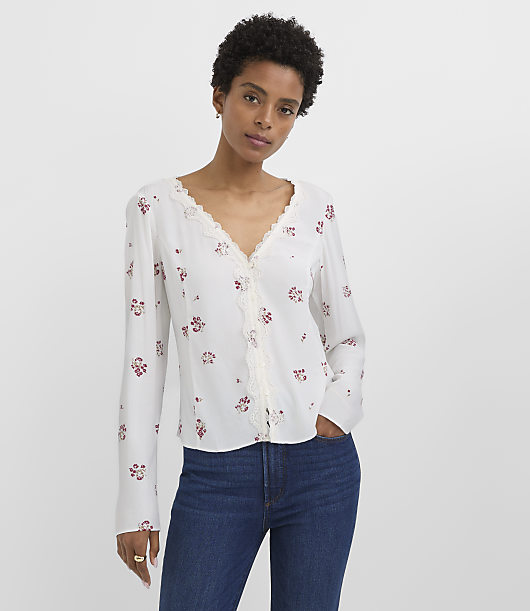 Floral Lace Trim V-Neck Blouse