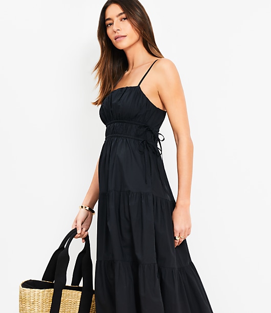 Pleated Side Tie Strappy Midi Pocket Dress
