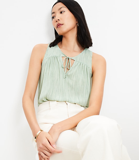 Striped Cutout Tie Neck Mixed Media Shell