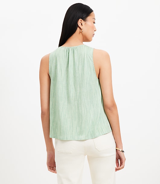Striped Cutout Tie Neck Mixed Media Shell