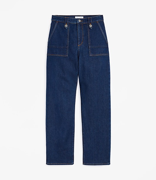 High Rise Straight Utility Jeans in Mid Indigo Wash