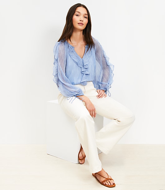 Striped Chiffon Ruffle Tie Cuff Blouse