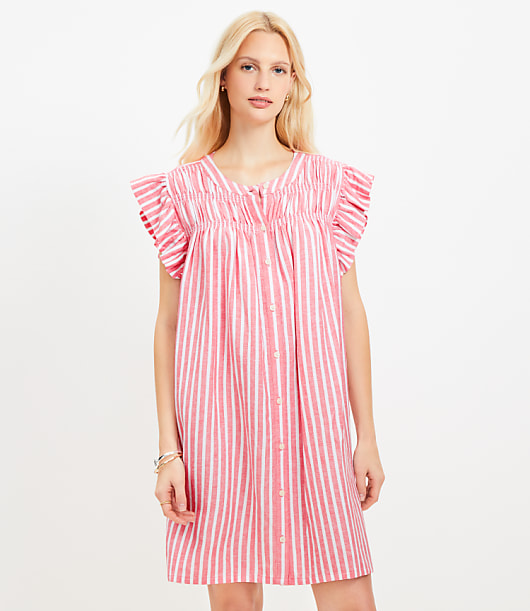 Striped Linen Blend Flutter Shirtdress