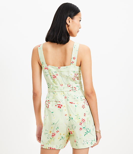 Floral Belted Linen Blend Strappy Romper