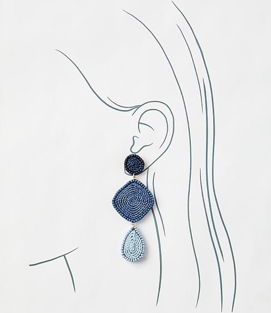 Linear Fabric Wrapped Statement Earrings - Cobalt Mist