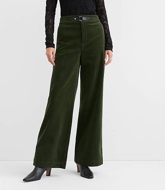 Petite Faux Leather Buckle Wide Leg Corduroy Pants