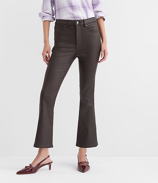 Coated High Rise Kick Crop Jeans in Brown