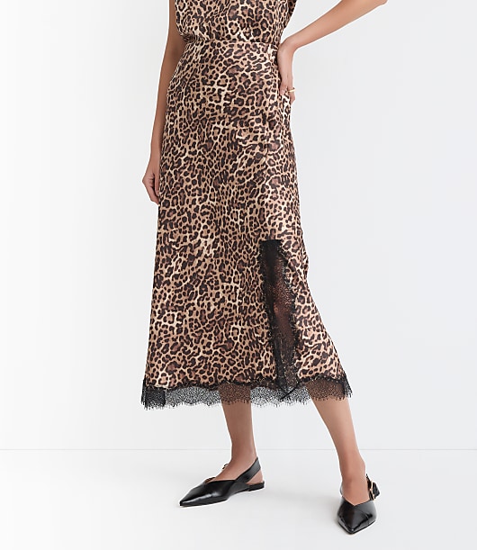 Petite Leopard Print Lace Trim Satin Bias Midi Skirt