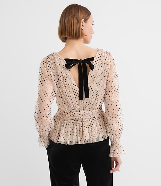 Velvet Dot Tulle Tie Back Peplum Blouse