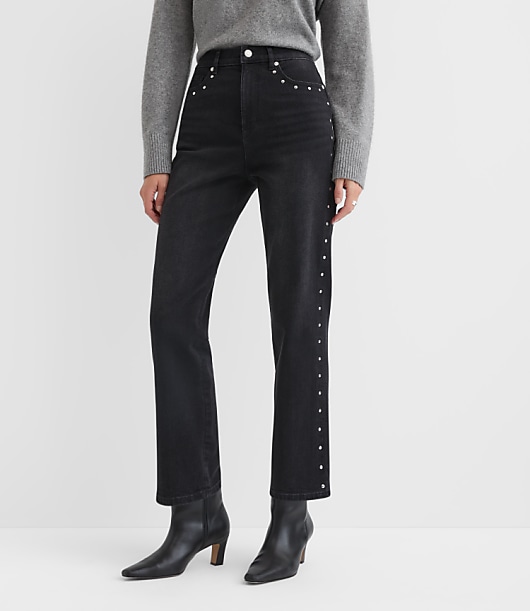 Studded High Rise Straight Jeans in Washed Black