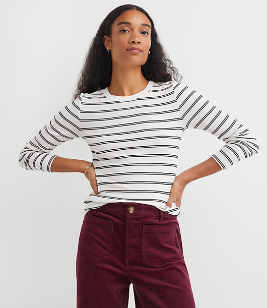 Petite Stripe Ribbed Crew Neck Long Sleeve Tee