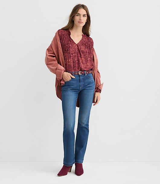 Lace Print Pintucked Ruffle Mixed Media Blouse