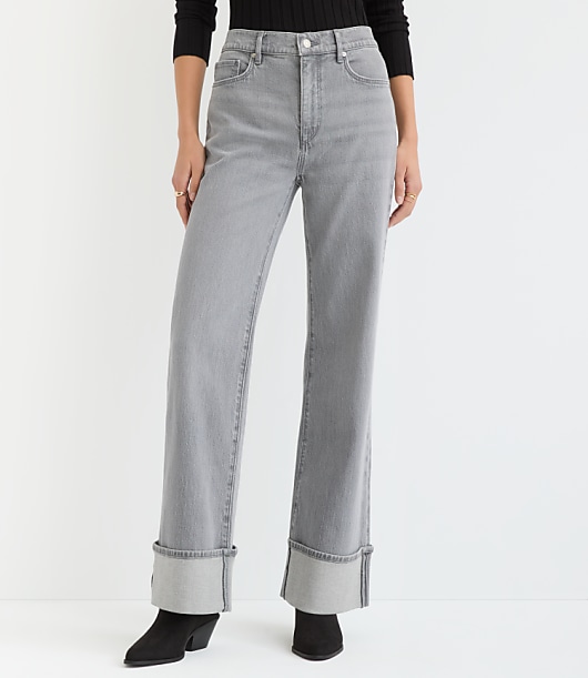 Petite Cuffed High Rise Wide Leg Jeans in Grey