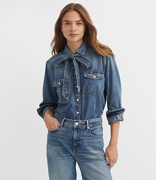 Petite Denim Bow Blouse in Authentic Vintage Mid Wash