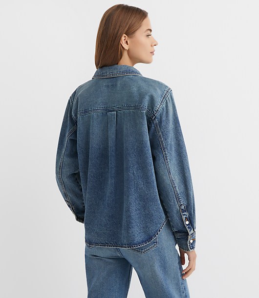 Petite Denim Bow Blouse in Authentic Vintage Mid Wash
