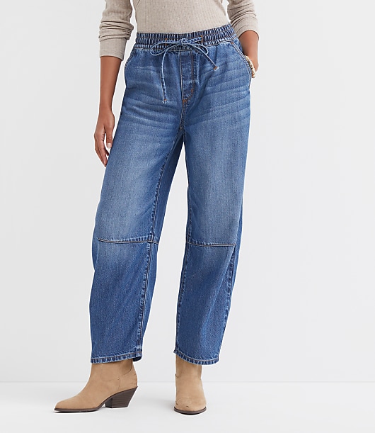 Petite Pull On High Rise Barrel Jeans in Vintage Light Indigo Wash