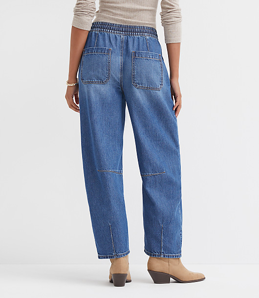 Petite Pull On High Rise Barrel Jeans in Vintage Light Indigo Wash