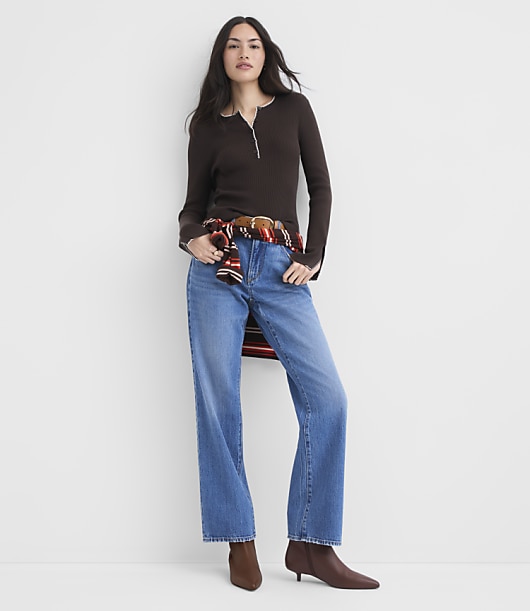 Contrast Stitched Split Cuff Henley Sweater
