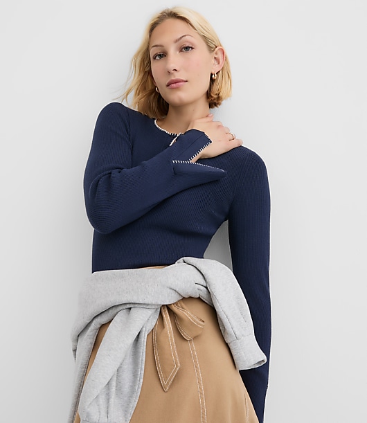 Contrast Stitched Split Cuff Henley Sweater