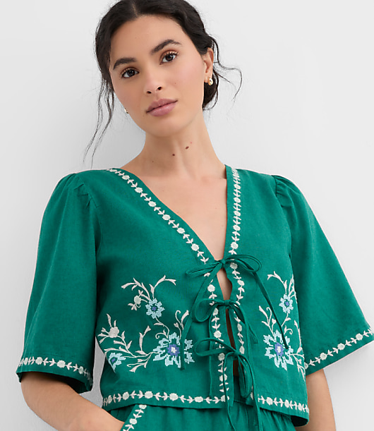 Floral Linen Cotton Bow Blouse