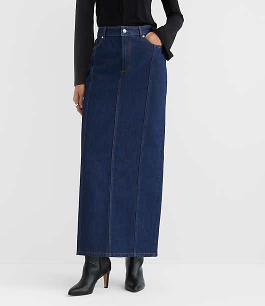 Rivete Seamed Denim Maxi Skirt in Nova Wash