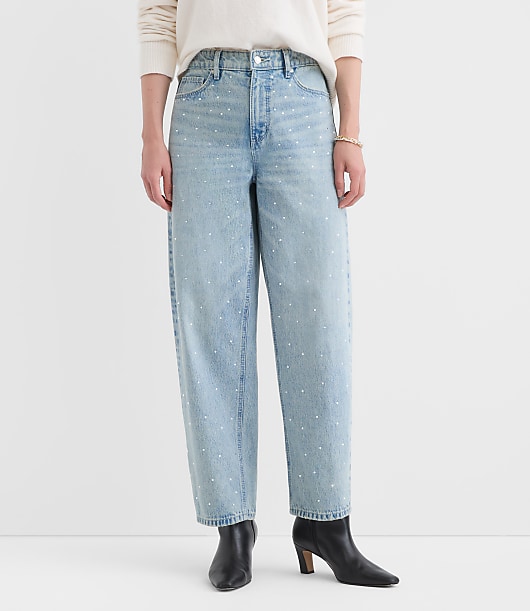 Petite Sparkle Embellished High Rise Barrel Jeans in Vintage Light Indigo Wash