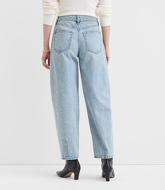 Petite Sparkle Embellished High Rise Barrel Jeans in Vintage Light Indigo Wash