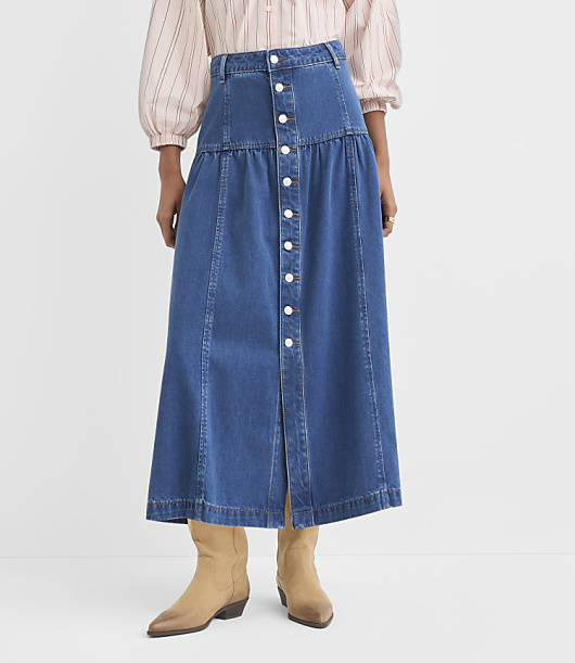 Yoke Button Denim Midi Skirt in Classic Mid Wash