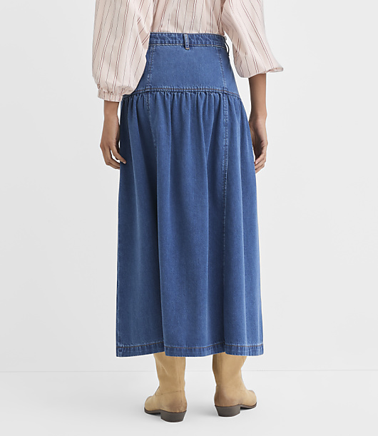 Yoke Button Denim Midi Skirt in Classic Mid Wash