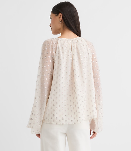 Shimmer Clip Flare Sleeve Tie Neck Blouse
