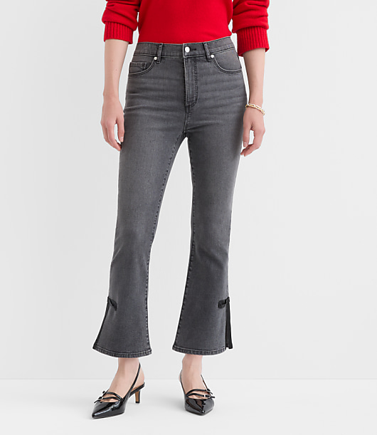 Petite Satin Bow High Rise Kick Crop Jeans in Washed Black