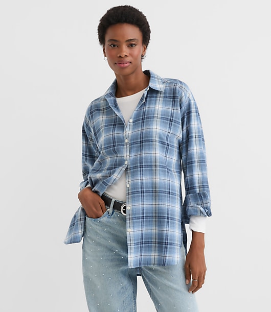 Petite Plaid Flannel Everyday Oversized Tunic Shirt
