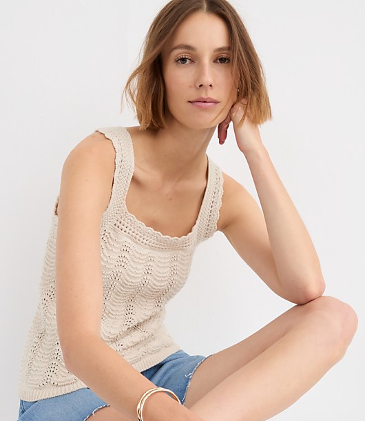 Scalloped Square Neck Sweater Tank Top - Pure Vanilla