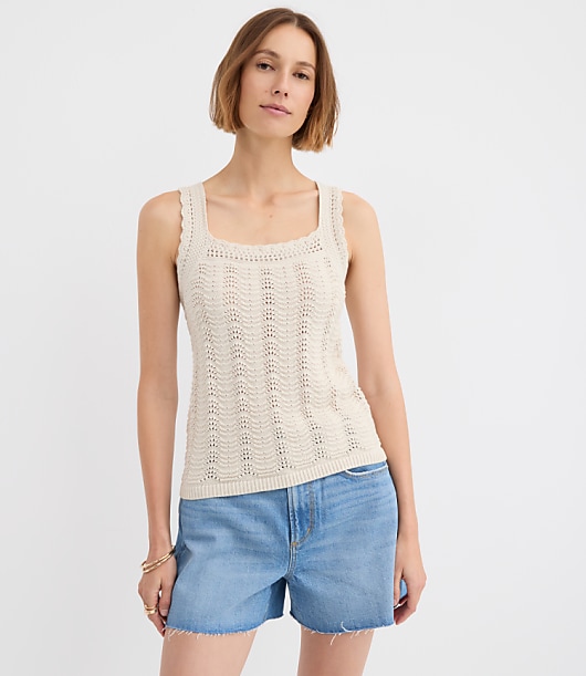 Scalloped Square Neck Sweater Tank Top - Pure Vanilla
