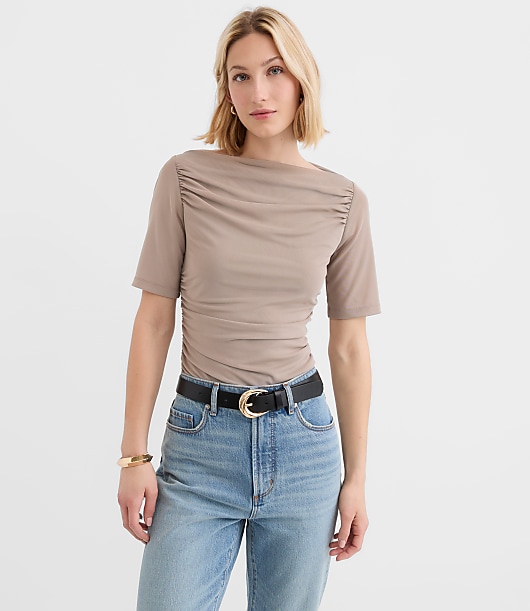Mesh Ruched Boatneck Top