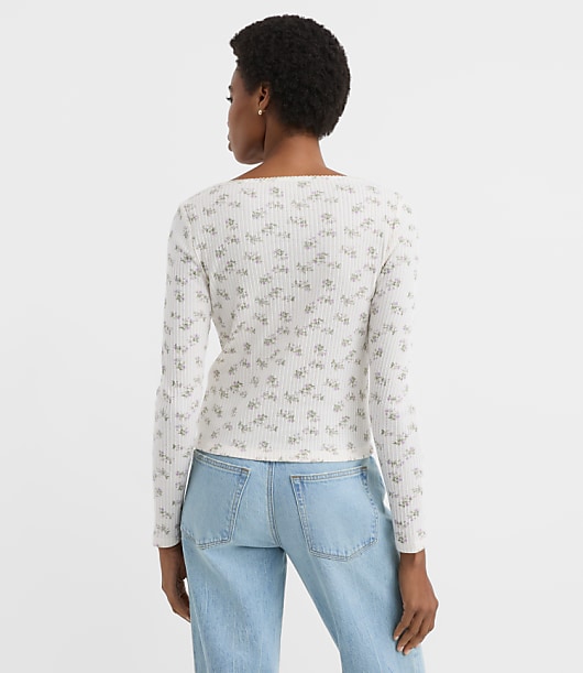 Floral Scalloped Ribbed Square Neck Cardigan
