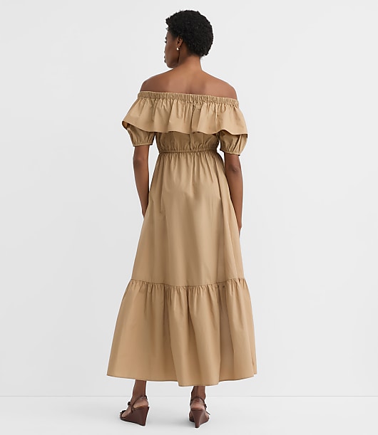 Poplin Ruffle Off The Shoulder Maxi Pocket Dress