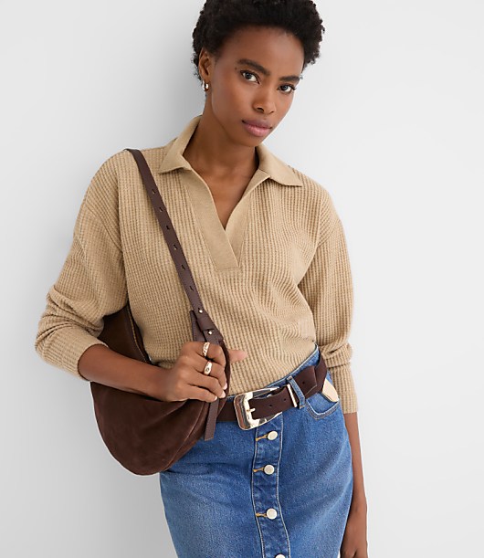 Petite Melange Waffle Collared V-Neck Top
